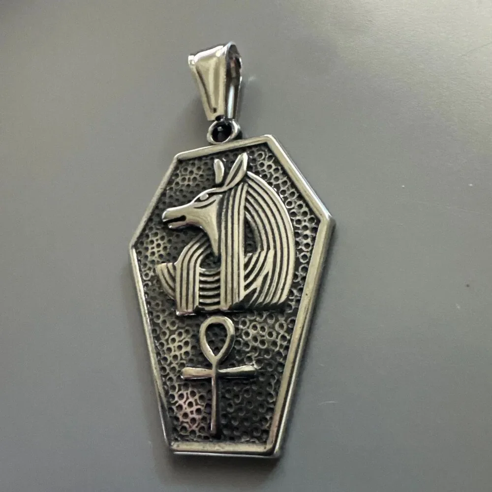Ancient Egyptian Mythology Sarcophagus Pendant Stainless Steel 24” Chain Ankh